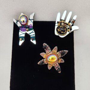 Liz Tech Artisan Brooch Pin Tac Lot Of 3 Buddy/Hand/Star Signed And Dated #734